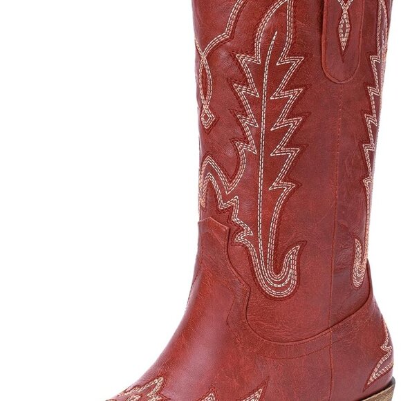Women Cowboy Boots Leather 8 Inch Tall Embroidery Pointed Toe Western Fashion